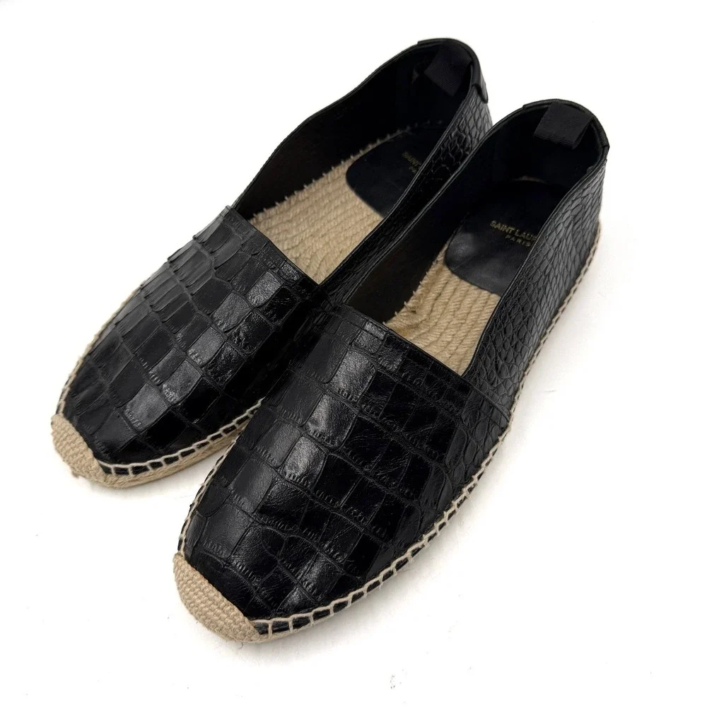 Saint Laurent Espadrilles Black Croc Embossed Leather Flat Slip On Sz 42 / 12